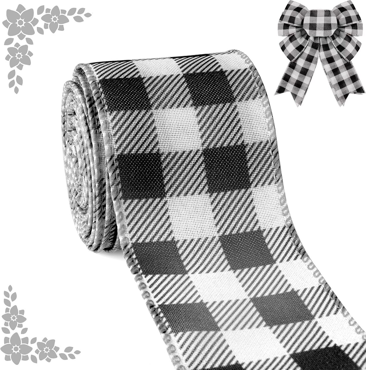 Farmhouse Buffalo Plaid Ribbon Wired, Black White Gingham Fabric Ribbon Checkered Ribbons for Bow Wreath Supplies Gifts Wrapping DIY Crafts Party Home Decor Baby Shower Birthday, 2.5" x 10 Yards